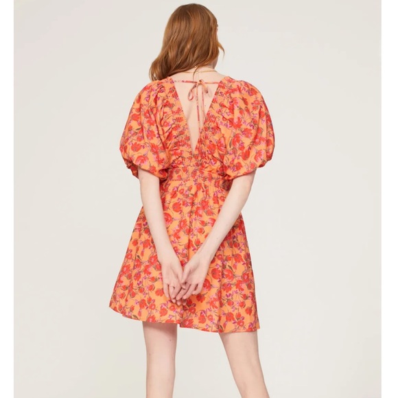Louna Coral Flora Puff Sleeve V-Neck Mini Dress - Picture 3 of 9
